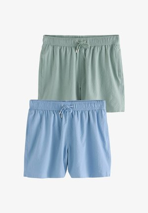 Két pár rövidnadrág, egy világoszöld és egy világoskék, mindkettő elasztikus derékpánttal és zsinórral rendelkezik, texturált anyagból készült.