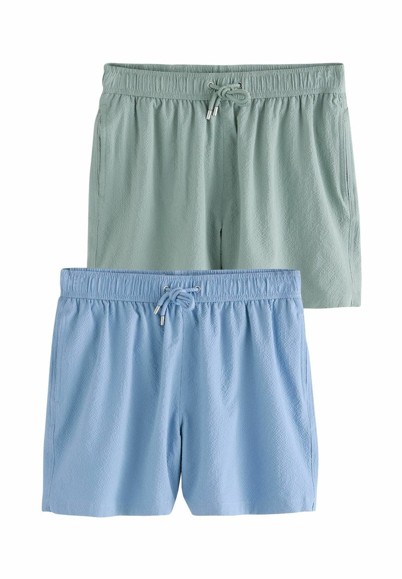 Due paia di shorts, uno verde chiaro e uno blu chiaro, entrambi con una vita elasticizzata e un cordoncino, caratterizzati da un tessuto testurizzato.