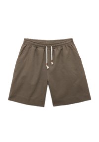 Braune Baumwollshorts mit elastischem Bund, Kordelzug und zwei Seitentaschen. Glatte Textur und knielanges Design.