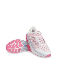 White athletic shoes with pink accents and breathable mesh upper. Features textured outsole with pink and grey rubber for grip. Laced design.