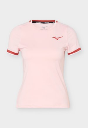 Light pink short-sleeve athletic shirt with red Mizuno logo on chest, red trim on sleeve cuffs, and black Mizuno branding inside collar.