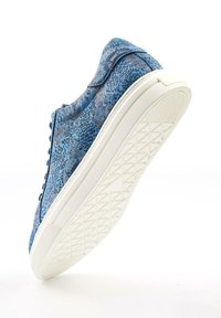 Blue textile sneaker featuring a textured pattern, white rubber sole, and lace-up closure with six eyelets.