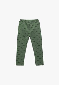 Mallas verdes de algodón con un patrón repetido de dachshund oscuro. Cintura elástica y piernas ajustadas.