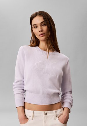 Donna con lunghi capelli castani che indossa un maglione Calvin Klein viola chiaro e pantaloni chiari con le mani nelle tasche su uno sfondo semplice.