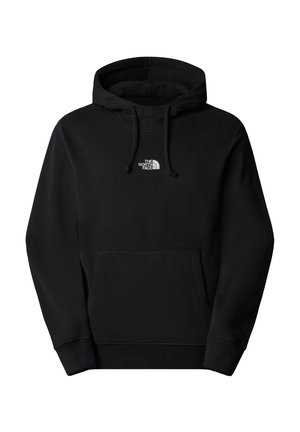 Zwarte hoodie van zachte stof, met een voorzak in kangoeroestijl, verstelbare trekkoordkap en een klein wit logo op de borst.