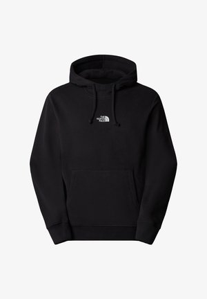 Schwarzer Hoodie aus weichem Material, mit einer vorderen Kängurutasche, verstellbarem Kordelzug und einem kleinen weißen Logo auf der Brust.