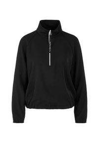 Pull à mi-zip noir avec un col haut, des manches raglan, des poignets élastiques et un détail logo sur la fermeture éclair. Tissu lisse et léger.