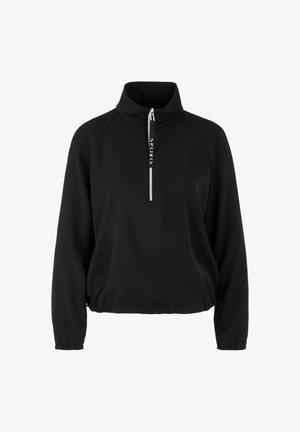 Schwarzer Halbzip-Pullover mit hohem Kragen, Raglanärmeln, elastischen Bündchen und einem Logodetail am Reißverschluss. Glattes, leichtes Material.