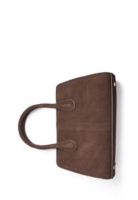 Borsa in suede marrone con due manici rotondi, forma rettangolare, dettagli di cucitura discreti e finiture in metallo dorato.