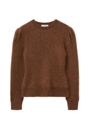 Brauner, flauschiger Strickpullover mit langen Ärmeln und rundem Ausschnitt. Merkmale sind eine taillierte Passform und ein dezentes Puff-Detail an den Schultern.