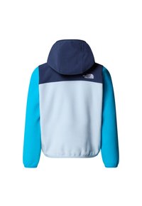 Polár kapucnis pulóver, világoskék, tengerészkék és élénkkék színű színblokkolással. Kapucnival, rugalmas mandzsettákkal és a The North Face logóval a háton.