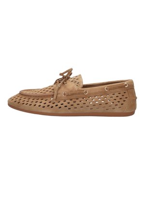 Tan suede moccasin with perforated design, lace-up detail, and low flat sole, shown in side profile on white background.