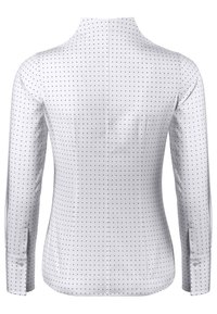 Witte longsleeve shirt met een getailleerd ontwerp, voorzien van kleine marineblauwe stippen, een hoge kraag en geknoopte manchetten. Soepele stoftextuur.