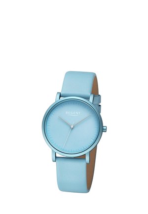 Minimalist light blue wristwatch with matching leather strap, round face, thin silver hands, and "REGENT" branding below 12 o'clock.