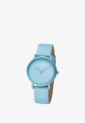 Montre-bracelet minimaliste bleu clair avec bracelet en cuir assorti, cadran rond, aiguilles fines argentées et la marque "REGENT" sous 12 heures.