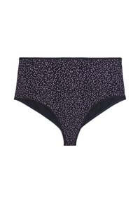 Navy blue underwear with a dotted pattern in light pink, featuring a smooth texture and a mid-rise design.
