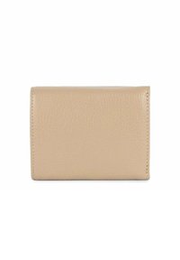 Portafoglio in pelle beige con superficie texture, forma rettangolare, cuciture visibili e design pieghevole. Nessun accessorio o hardware aggiuntivo.