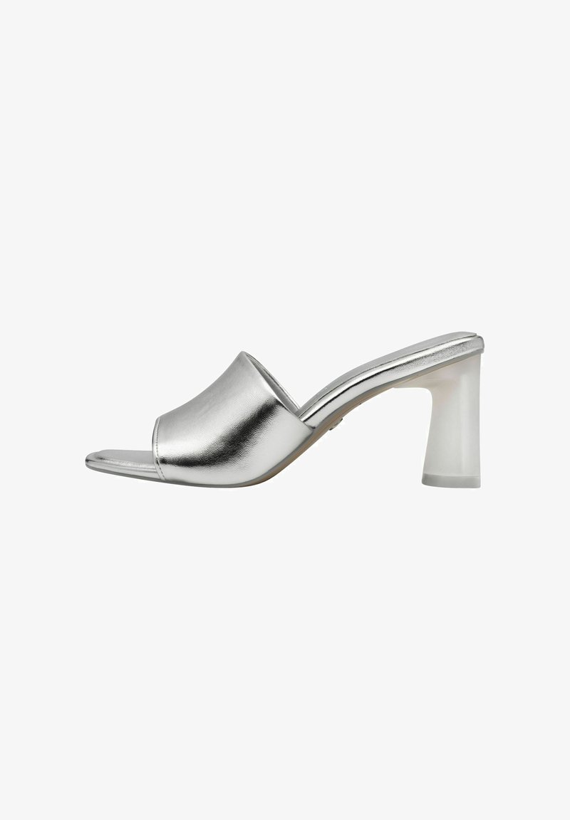 Metallic silver open-toe mule with a smooth surface and a clear, wide block heel. Features a slightly contoured upper for comfort.