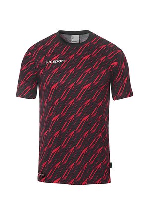 Zwart sportshirt met een diagonaal rood patroon, korte mouwen, ronde hals en een uhlsport-logo op de voorkant. Gemaakt van ademend materiaal.