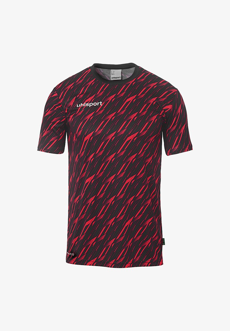 T-shirt de sport noire avec un motif diagonal rouge, à manches courtes, col rond et logo Uhlsport sur le devant. Fabriqué en matériau respirant.