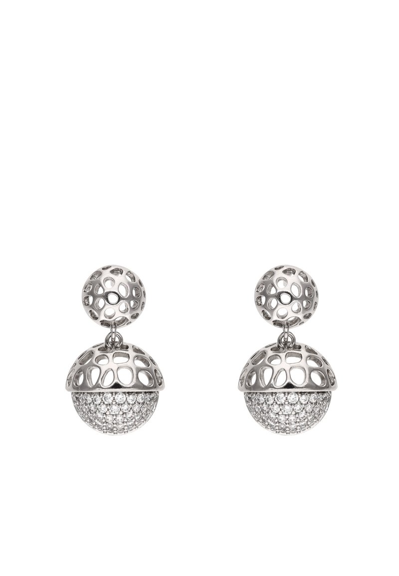 Stříbrné náušnice s perforovaným kulatým designem a třpytivou spodní částí, zdobené průhlednými dekoračními kameny a krajkovým vrškem.