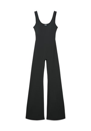 Tuta nera con scollo a U e gambe larghe svasate. Realizzata in tessuto elasticizzato, presenta cuciture minime per una texture liscia.