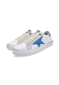 White sneakers with gray accents, textured blue star design, beige laces, rubber soles, and circular eyelets. Clean, modern silhouette.