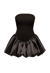 Abito nero senza spalline con corpetto aderente e gonna di raso svasata e arricciata. Tessuto liscio con finitura lucida.