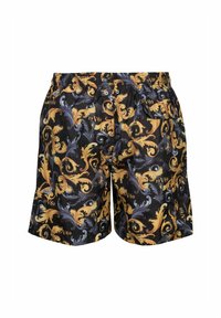 Shorts de bain en tissu noir avec un motif doré et bleu tourbillonnant, une taille élastique et une coupe décontractée.