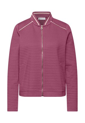 Mauve gesteppte Jacke mit durchgehendem Frontreißverschluss, geripptem Kragen mit weißen Streifen, langen Ärmeln und Seitentaschen.