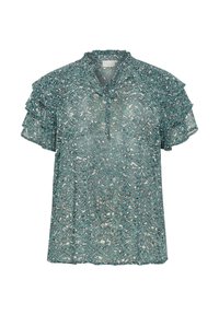 Blusa de gasa teal con un patrón abstracto en espiral, mangas cortas con volantes y un detalle de cuello con lazo. Tela ligera con un diseño fluido.