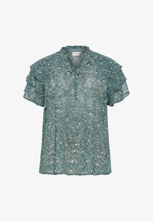 Sheer teal blouse with a swirling abstract pattern, ruffled short sleeves, and a tie neck detail. Lightweight fabric with a flowing design.