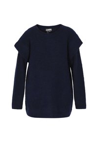 Granatowy sweter z długim rękawem, z detalem w postaci warstwowych krótkich rękawów oraz prążkowanym okrągłym dekoltem, mankietami i dolnym brzegiem.
