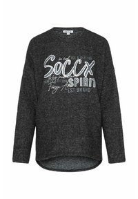 Dark gray sweatshirt with long sleeves, round neckline, and high-low hem. Features white graphic text and accents on the front. Soft texture.