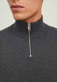 Sudadera de cremallera gris oscuro con cuello alto, que presenta una cremallera metálica plateada y una textura acanalada en el cuello y el dobladillo.