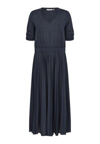 Robe maxi bleu marine avec décolleté en V, manches courtes et taille élastique. Comprend une jupe plissée et un matériau doux.