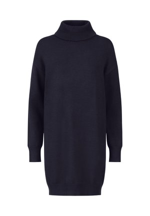 Granatowy sweter z golfem, wykonany z miękkiego dzianiny, z opuszczonymi ramionami, długimi rękawami i ściągaczami dla luźnego dopasowania.