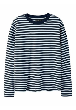 Chemise à manches longues, rayures horizontales noires et blanches, col rond, design uni et coupe régulière.
