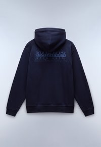 Marineblauwe hooded sweatshirt van een zachte katoenmix, met een gestructureerde logo-afdruk op de achterkant en ribgebreide manchetten en onderrand.