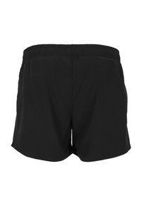 Svarta badshorts gjorda av lättviktsmaterial, med elastisk midja, enkelt design och utan synliga fickor eller detaljer.