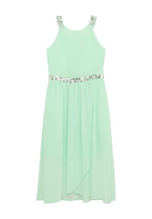 Miętowa sukienka bez rękawów o swobodnym kroju, ozdobiona świecącym paskiem i zdobionymi ramiączkami. Miękka, przezroczysta tkanina.