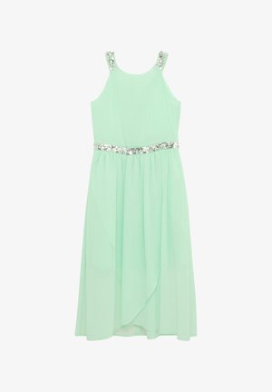 Mintgrøn udenærmet kjole med en flydende silhuet, prydet med et pailletbælte og dekorerede skulderremme. Blødt, gennemsigtigt stof.