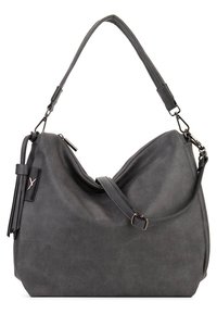 Sac à épaule en cuir gris texturé avec sangle réglable, fermeture éclair et pampille décorative sur le côté.