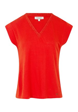 Red short-sleeve V-neck t-shirt with a textured neckline and loose fit. Made of soft fabric, features a small logo accent near the hem.