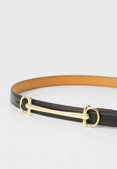 Black leather belt with a smooth texture and gold-toned hardware featuring a distinctive bar detail and a contrasting tan interior.