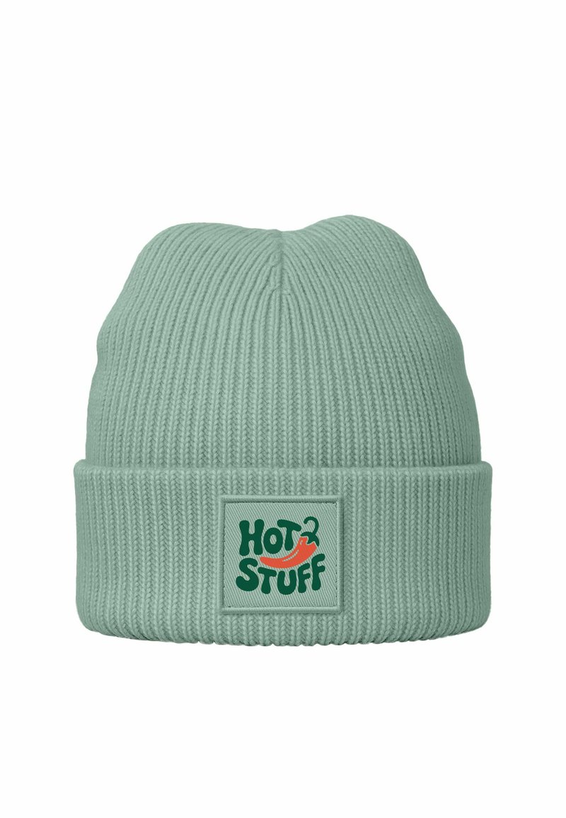 Mint green ribbed knit beanie with a folded cuff and a rectangular patch featuring the text "HOT 2 STUFF" and a chili pepper graphic.