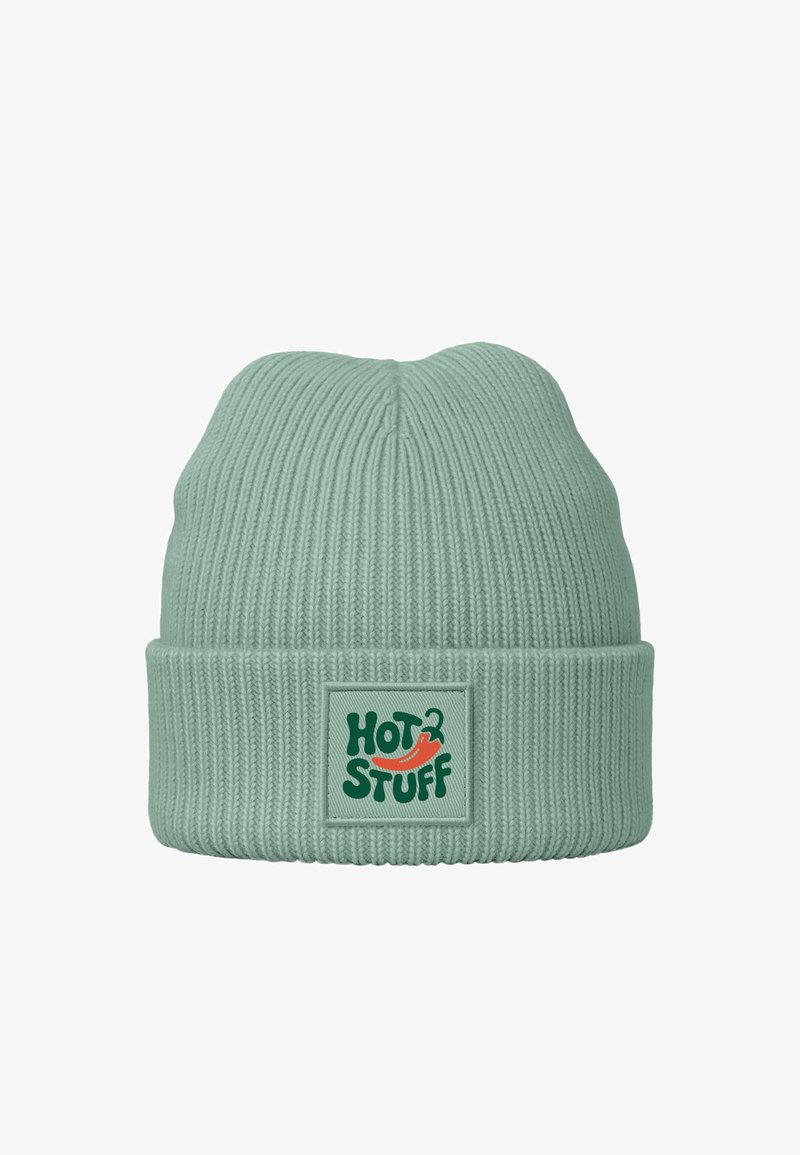 Mint green ribbed knit beanie with a folded cuff and a rectangular patch featuring the text "HOT 2 STUFF" and a chili pepper graphic.