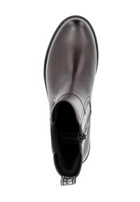 Brown leather ankle boot with a smooth finish, zip closure, and textured lining. Features a rounded toe and a reinforced sole.