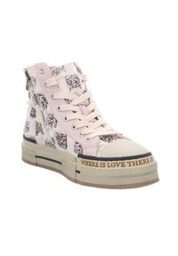 High-top sneaker in pink fabric with glittery square patterns, cream rubber toe cap, and a beige platform featuring text along the side.