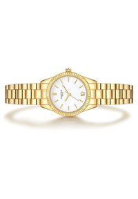 Goldfarbene Armbanduhr mit runder Gehäuse, weißem Zifferblatt, goldenen Stundenmarkierungen und einem polierten Metallarmband mit Gliederdesign.